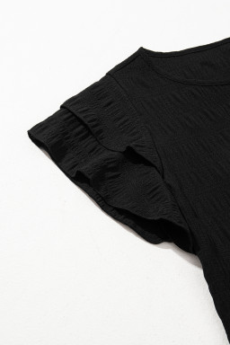 Black Textured Ruffled Sleeve Round Neck Top