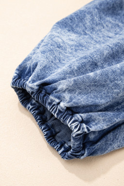 Blue Frilly Square Neck Bustier Puff Sleeve Short Denim Dress