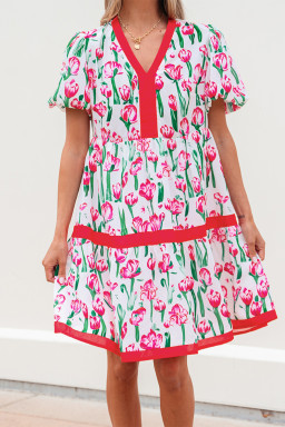 Pink Floral Print Contrast Trim V Neck Bubble Short Sleeve Babydoll Dress