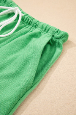 Mint Green V Neck Drop Shoulder Tee and Patchwork Drawstring Elastic Waistband Shorts Set