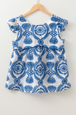 Blue Boho Print Flutter Sleeve Crew Neck Blouse