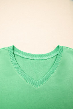 Mint Green V Neck Drop Shoulder Tee and Patchwork Drawstring Elastic Waistband Shorts Set