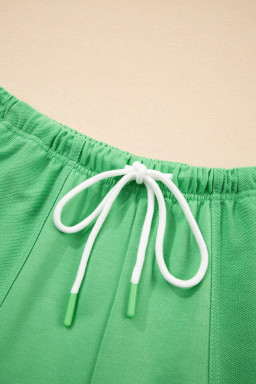 Mint Green V Neck Drop Shoulder Tee and Patchwork Drawstring Elastic Waistband Shorts Set