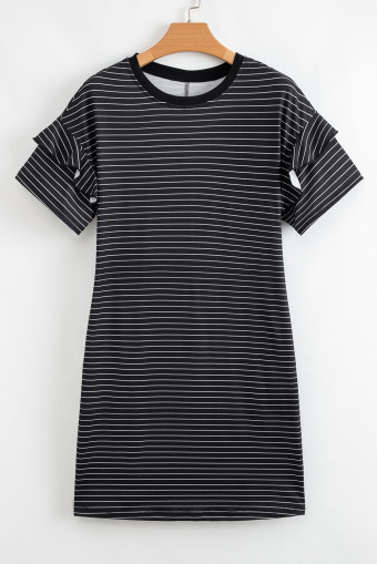Black Stripe Ruffled Short Sleeve Crew Neck T Shirt Shift Mini Dress
