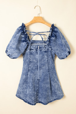 Blue Frilly Square Neck Bustier Puff Sleeve Short Denim Dress