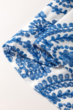 Blue Boho Print Flutter Sleeve Crew Neck Blouse