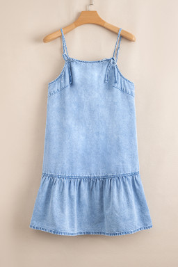 Beau Blue Bow Detail Spaghetti Straps Ruffle Hem Denim Short Dress