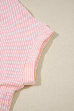 Pink Corded Knit Color Block Pocketed Crew Neck T Shirt