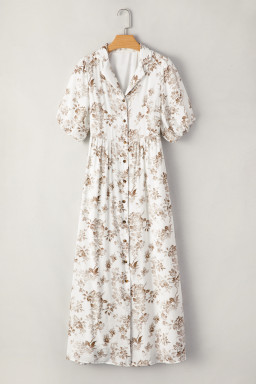 Khaki Floral Puff Sleeve V Neck Buttoned Front Maxi Dress