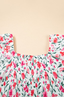 Pink Floral Puff Sleeve Square Neck Empire Waist Tiered Maxi Dress