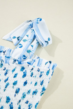Sky Blue Floral Smocked Tied Straps A-Lined Tiered Maxi Dress