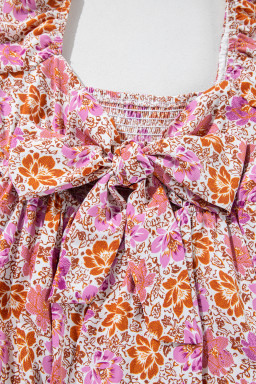 Pink Floral Square Neck Knotted Ruffle Midi Dress