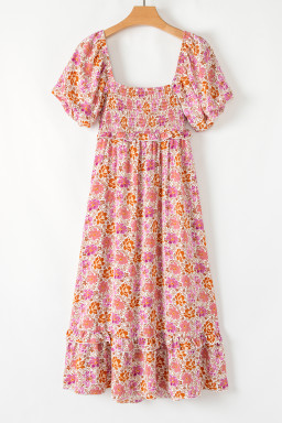 Pink Floral Square Neck Knotted Ruffle Midi Dress