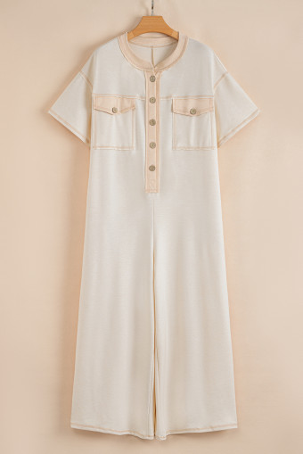 Beige Half Placket Chest Pockets Short Sleeve Wide Leg Jumpsuit