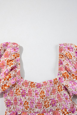 Pink Floral Square Neck Knotted Ruffle Midi Dress