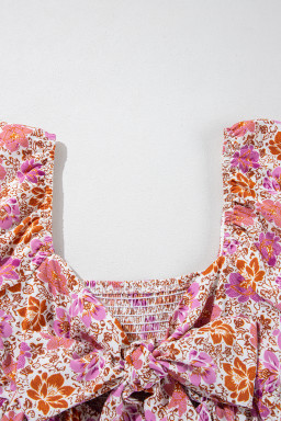 Pink Floral Square Neck Knotted Ruffle Midi Dress