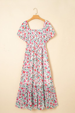 Pink Floral Puff Sleeve Square Neck Empire Waist Tiered Maxi Dress