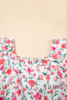 Pink Floral Puff Sleeve Square Neck Empire Waist Tiered Maxi Dress