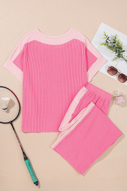 Sachet Pink 2-tone Colorblock Patchwork Corded 2pcs Outfit