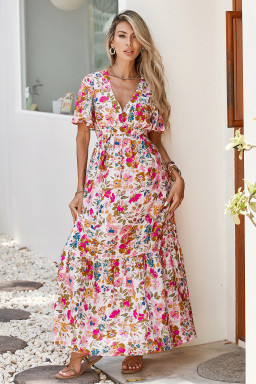 Red Floral Short Sleeve V Neck High Waist Maxi Dress