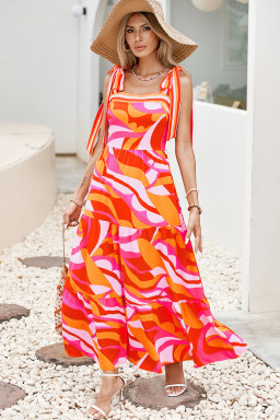 Red Abstract Print Knotted Shoulder High Waist Maxi Dress