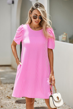 Bright Pink Corded Knit Crew Neck Puff Sleeve Shift Mini Dress