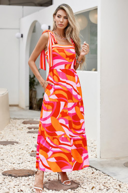 Red Abstract Print Knotted Shoulder High Waist Maxi Dress