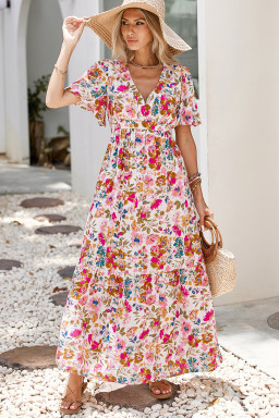 Red Floral Short Sleeve V Neck High Waist Maxi Dress