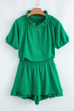 Sea Green Half Zip Puff Sleeve Top and Ruffled Shorts Set