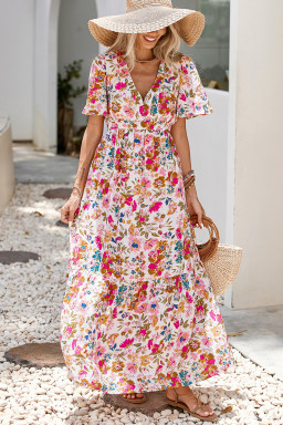 Red Floral Short Sleeve V Neck High Waist Maxi Dress