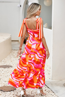 Red Abstract Print Knotted Shoulder High Waist Maxi Dress