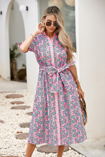 Pink Floral Shirred Puff Sleeve Buttoned Front Midi Dress with Sash