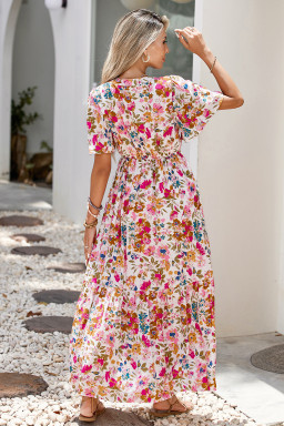Red Floral Short Sleeve V Neck High Waist Maxi Dress