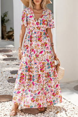 Red Floral Short Sleeve V Neck High Waist Maxi Dress