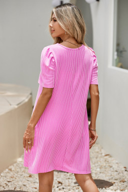 Bright Pink Corded Knit Crew Neck Puff Sleeve Shift Mini Dress