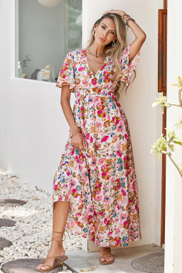 Red Floral Short Sleeve V Neck High Waist Maxi Dress