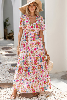 Red Floral Short Sleeve V Neck High Waist Maxi Dress