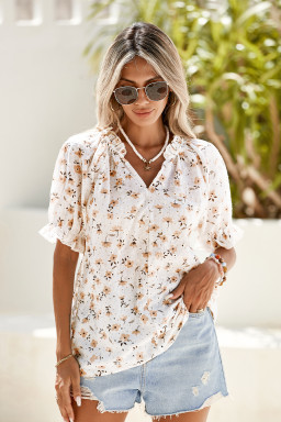 White Floral Eyelet Embroidered Puff Sleeve Notch V Neck Blouse