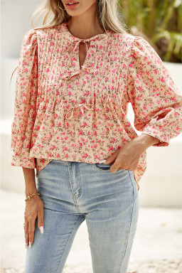 Light French Beige Floral Print Bow Pintuck Bust Half Puff Sleeve Blouse Top