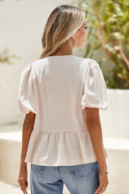 White Bow Tie Short Puff Sleeve Ruffle Hem Blouse