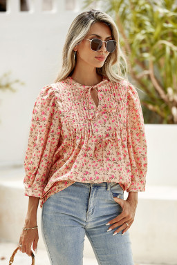 Light French Beige Floral Print Bow Pintuck Bust Half Puff Sleeve Blouse Top