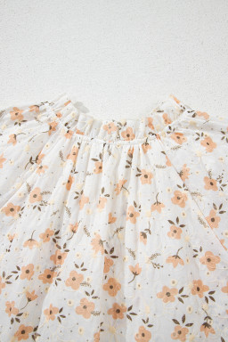 White Floral Eyelet Embroidered Puff Sleeve Notch V Neck Blouse