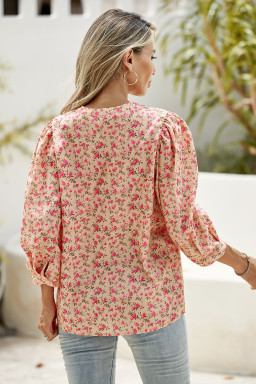 Light French Beige Floral Print Bow Pintuck Bust Half Puff Sleeve Blouse Top