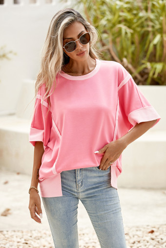 Peach Blossom Half Sleeve Raw Seam High Low Side Split Top