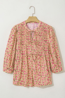 Light French Beige Floral Print Bow Pintuck Bust Half Puff Sleeve Blouse Top
