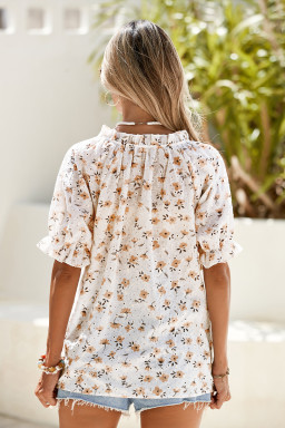 White Floral Eyelet Embroidered Puff Sleeve Notch V Neck Blouse