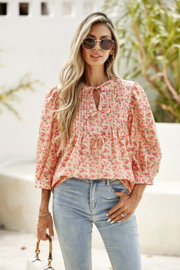 Light French Beige Floral Print Bow Pintuck Bust Half Puff Sleeve Blouse Top