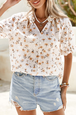 White Floral Eyelet Embroidered Puff Sleeve Notch V Neck Blouse