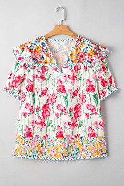 Pink Plus Size Floral Print Striped Trim V Neck Blouse
