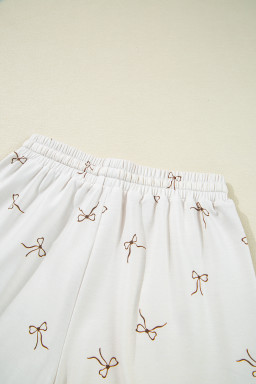 Beige Bow Print Half Zip Tank and Shorts 2pcs Set